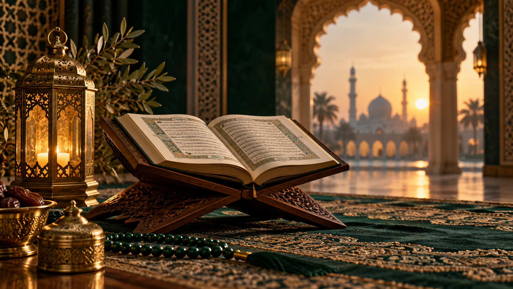 Open Quran on a wooden stand beside a lantern