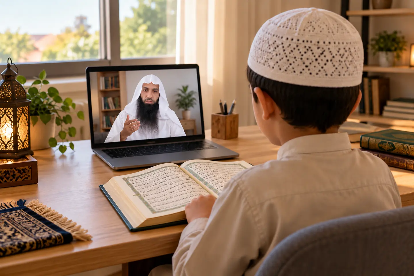 Illustrative online Quran class with Qari Bashir Ahmed teaching on a laptop screen